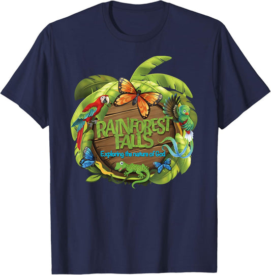 VBS Rainforest Falls Exploring The Nature of God 2 Sided T-Shirt - T-Shirt | Navy