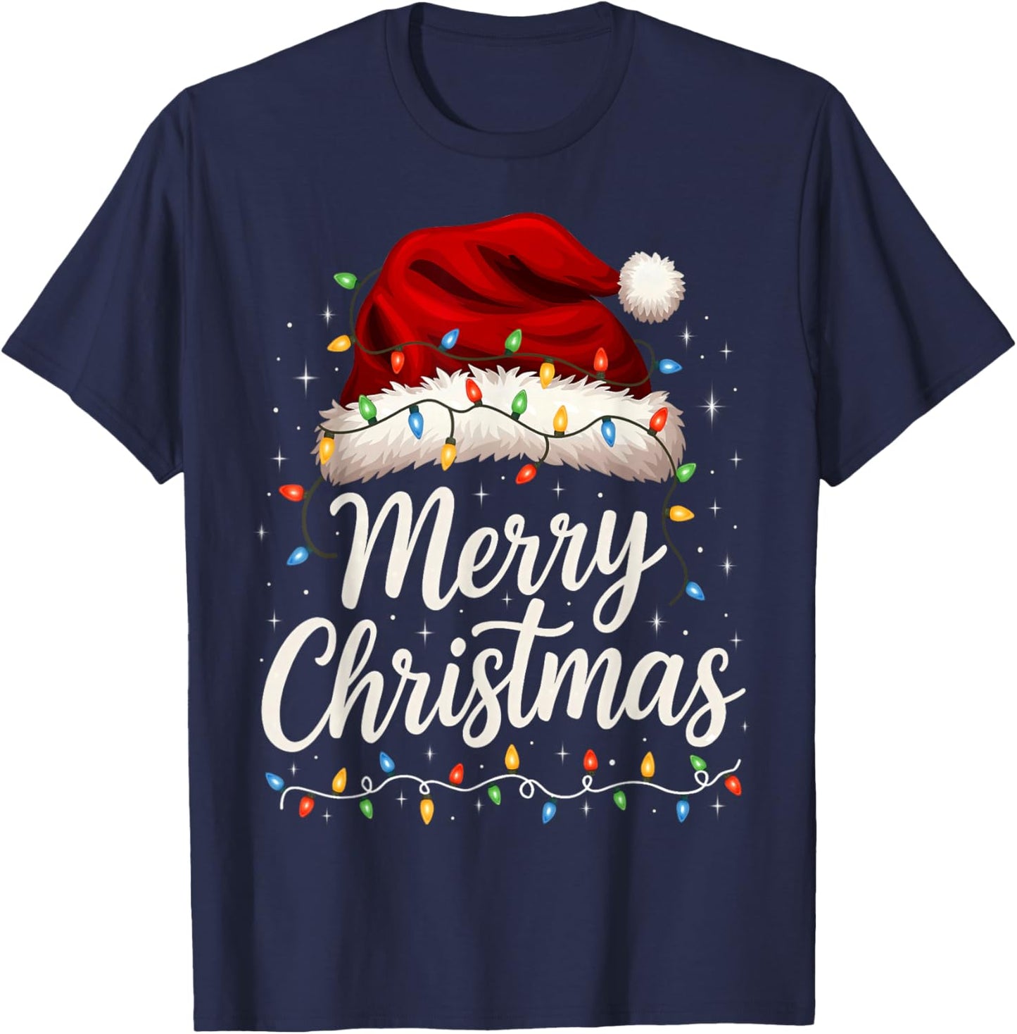 Merry Christmas Lights Red Santa Hat Xmas Family Men Women T-Shirt - T-Shirt | Navy