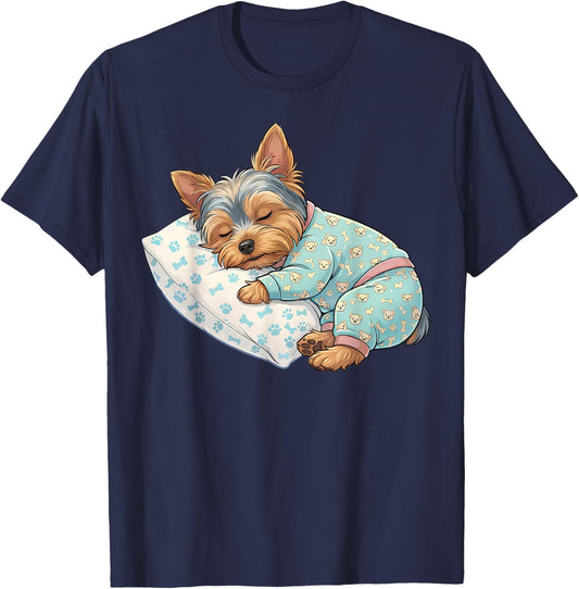 Cute Yorkshire Terrier Dog Sleeping in Pajamas Bedtime Art T-Shirt - T-Shirt | Navy