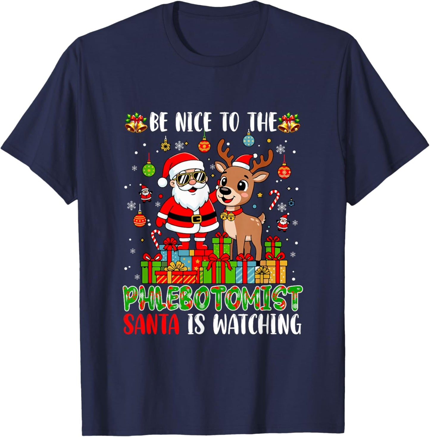 Funny Sarcastic Nice to Phlebotomist Xmas Santa Reindeer T-Shirt - T-Shirt | Navy