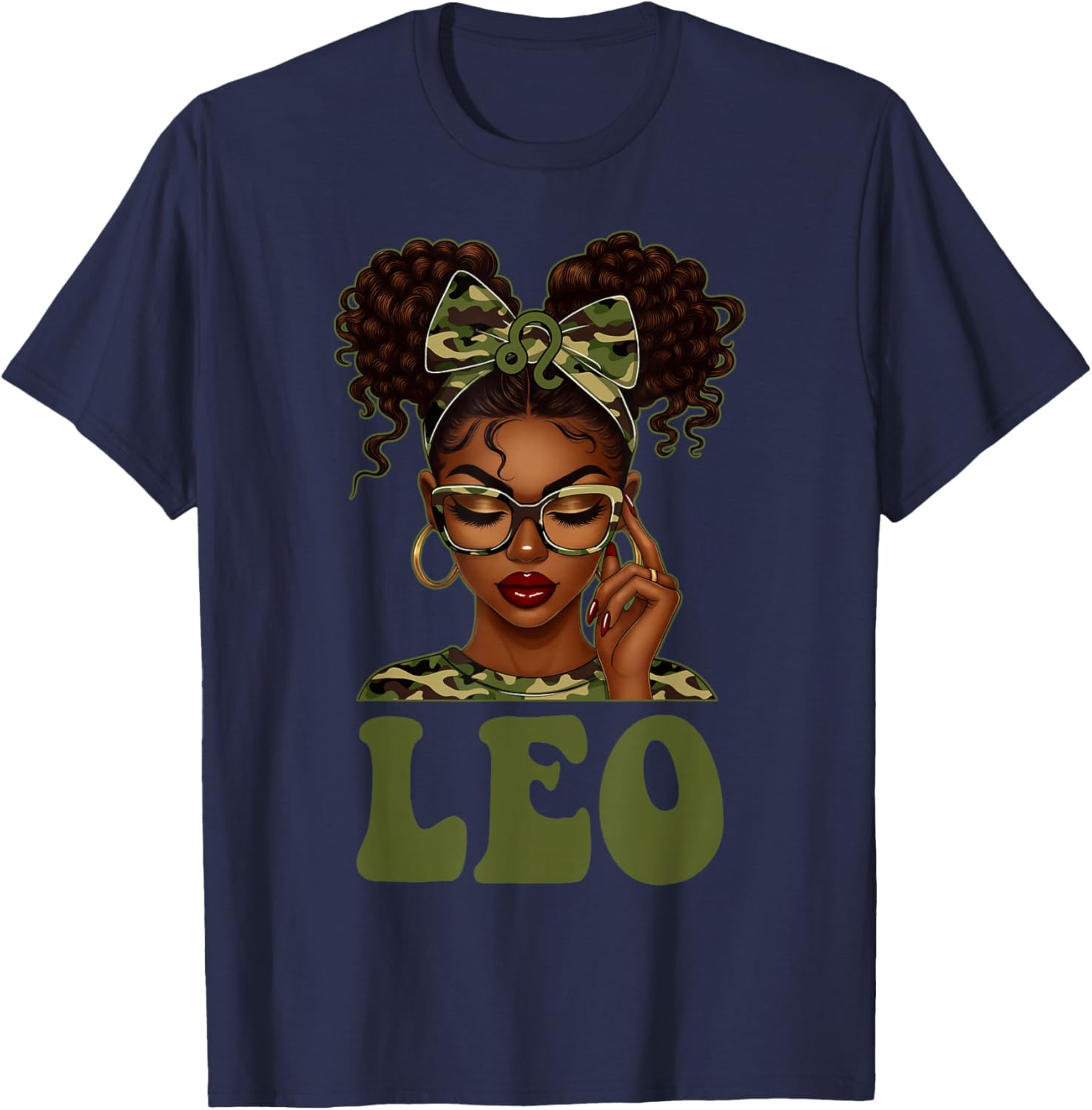 Leo Queen Black Girl Camouflage Bow It's My Birthday T-Shirt - T-Shirt | Navy