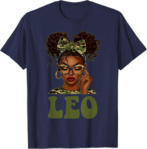 Leo Queen Black Girl Camouflage Bow It's My Birthday T-Shirt - T-Shirt | Navy