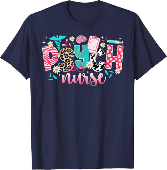 Psychiatric Nurse Leopard Psych Nurse Psychiatric Nursing T-Shirt - T-Shirt | Navy