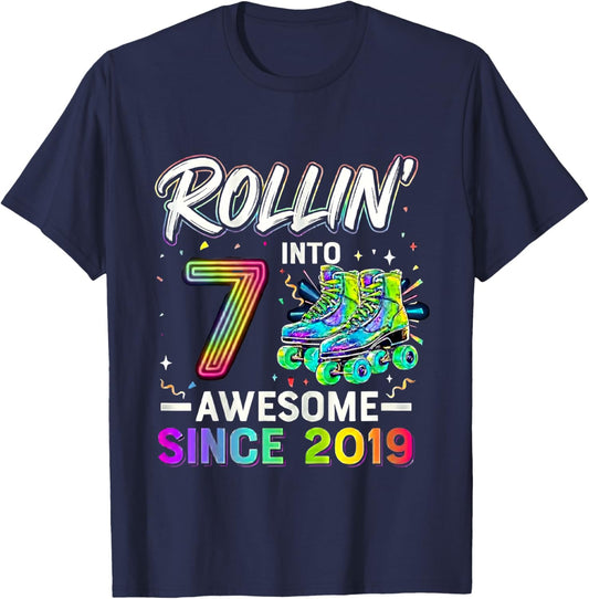 Rollin' Into 7 Awesome Since 2019 Roller Skating Birthday T-Shirt - T-Shirt | Navy