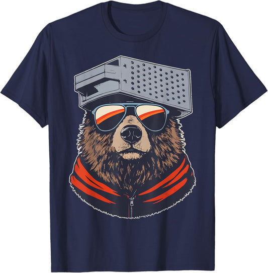Retro Bear with Cheese Grater Hat and Sunglasses Sunse Funny T-Shirt - T-Shirt | Navy
