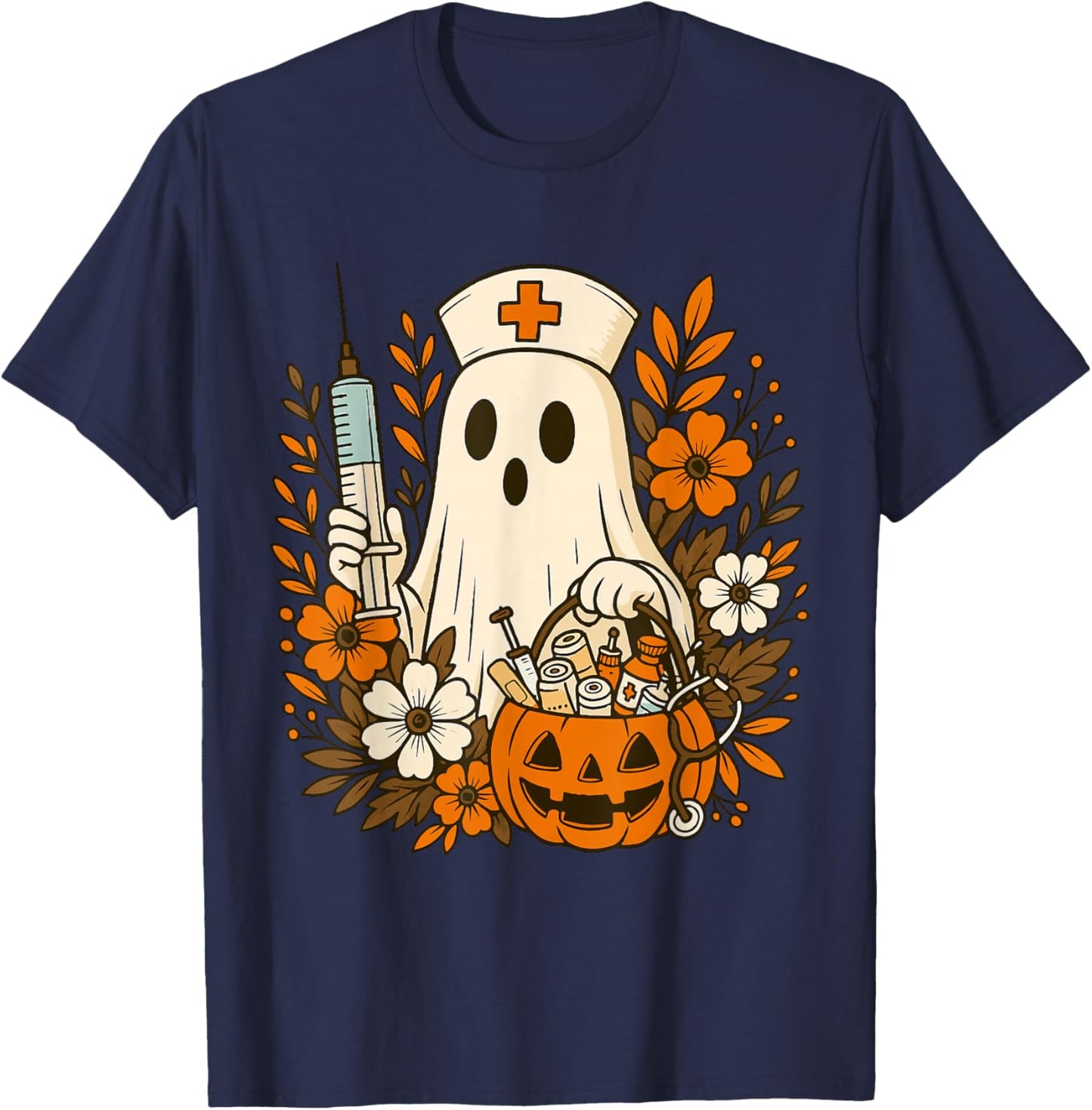 Nurse Ghost Pumpkin Halloween Autumn Nurse Halloween T-Shirt - T-Shirt | Navy
