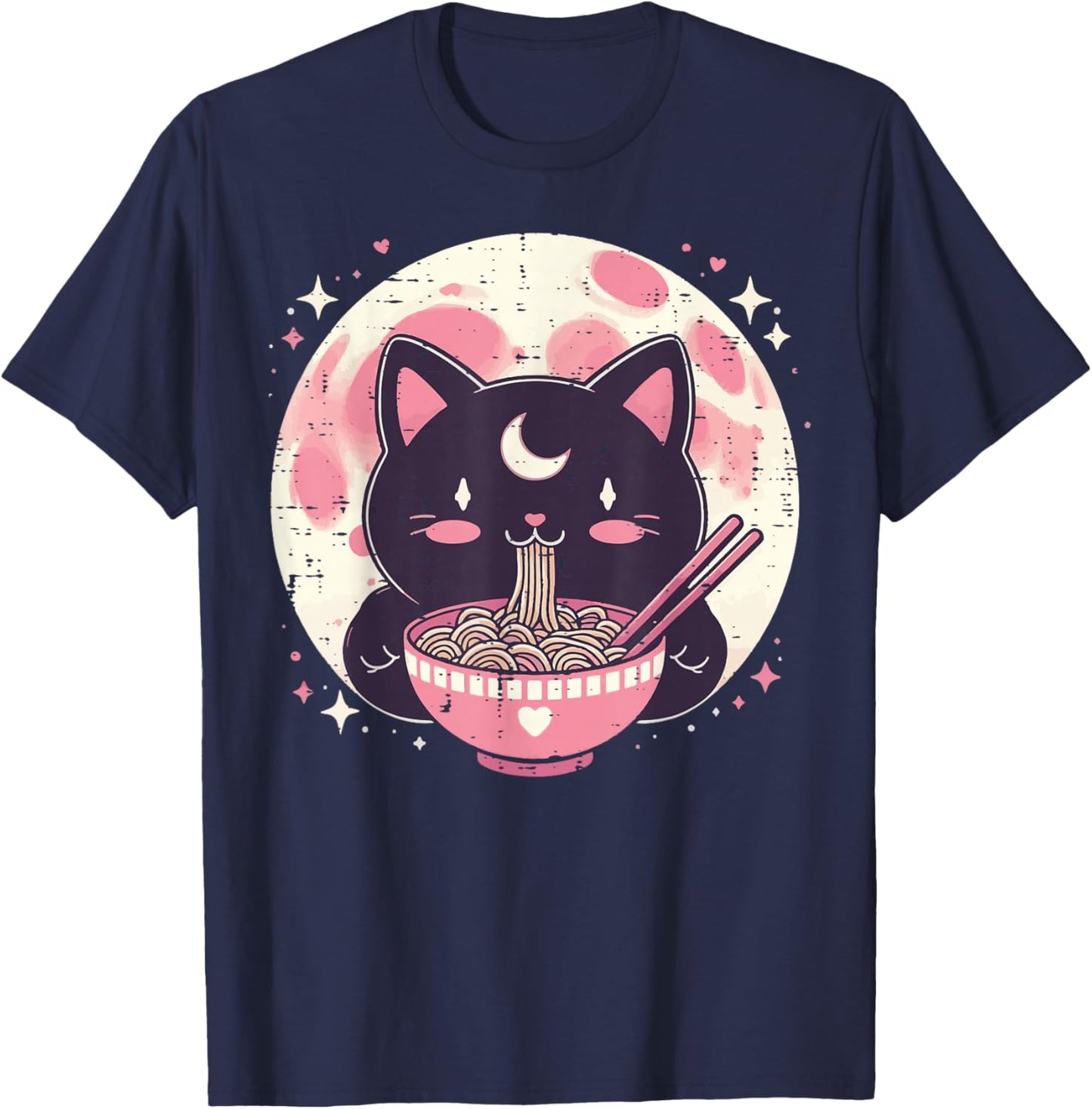 Black Cat Ramen Moon Kawaii Japanese Food Girls Kids Women T-Shirt - T-Shirt | Navy