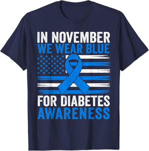 in November We Wear Ribbon Blue U.S. Flag Diabetes Awareness T-Shirt - T-Shirt | Navy