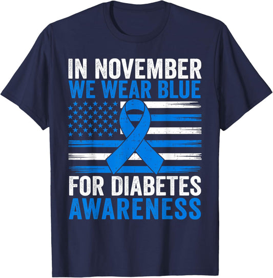 in November We Wear Ribbon Blue U.S. Flag Diabetes Awareness T-Shirt - T-Shirt | Navy