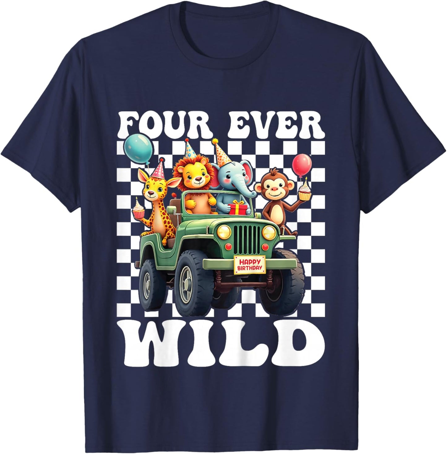Four Ever Wild 4th Birthday 4 Year Old Birthday Zoo Safari T-Shirt - T-Shirt | Navy