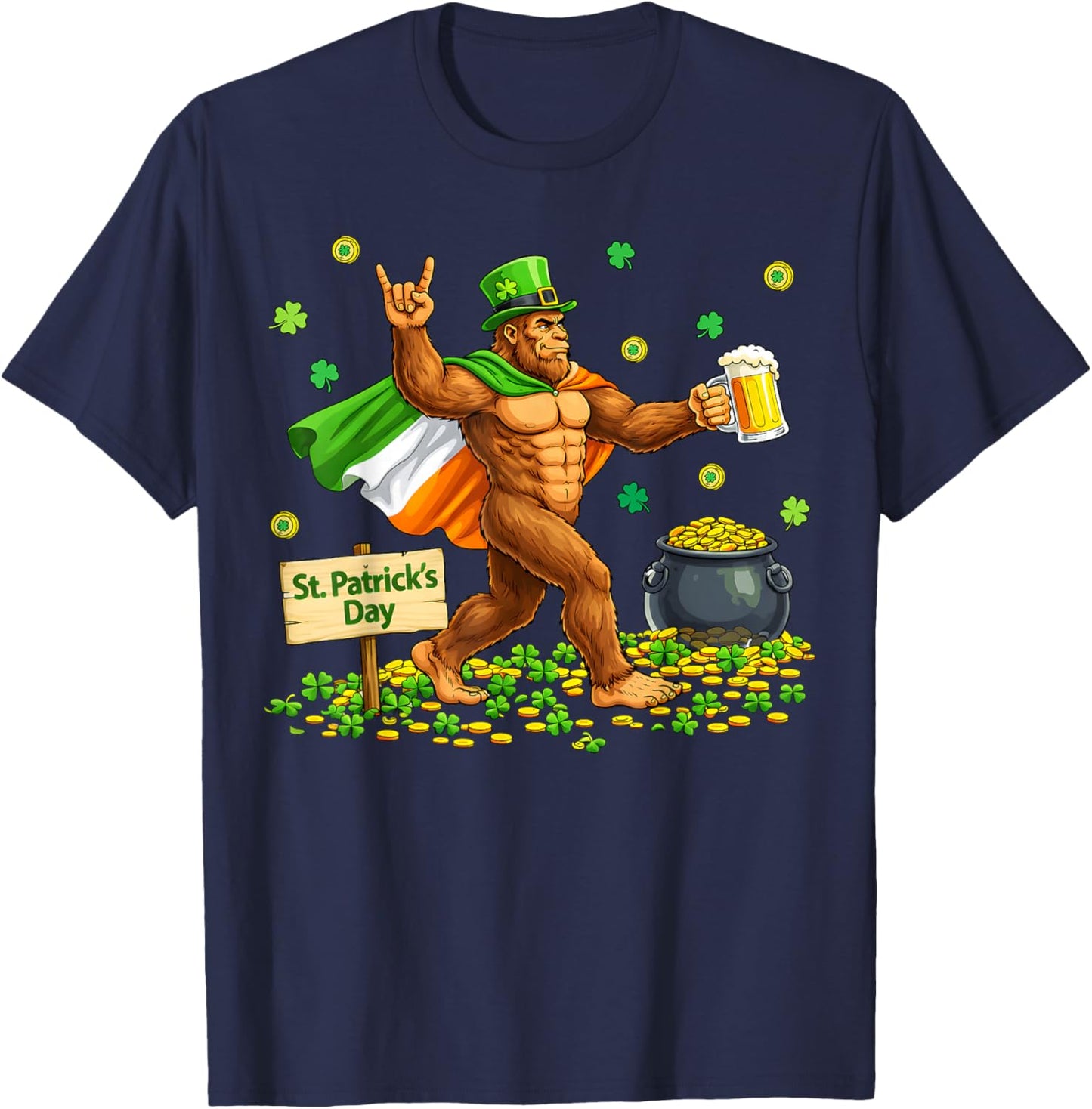 Bigfoot St Patrick's Day Irish Flag Cape Beer Rock Sasquatch T-Shirt - T-Shirt | Navy
