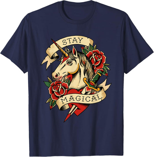 Traditional Tattoo Style Unicorn with Red Roses Graphic T-Shirt - T-Shirt | Navy