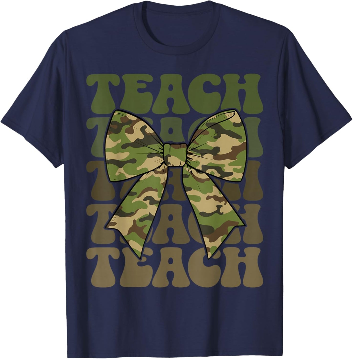 Camo Teach Coquette Bow Retro Groovy Camouflage Teacher T-Shirt - T-Shirt | Navy