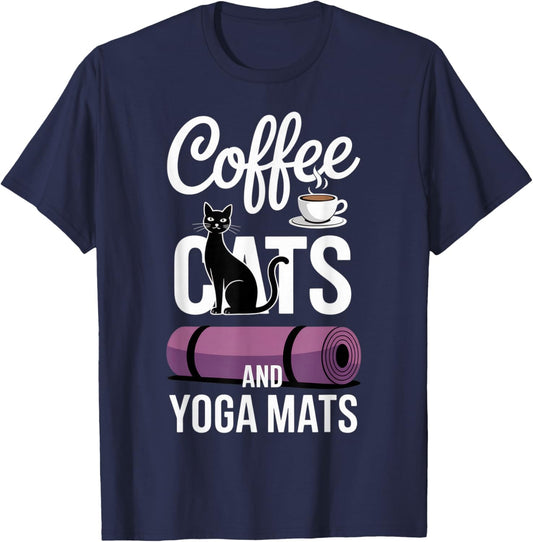 Coffee Cats and Yoga Mats Funny Cat Lovers Yoga Enthusiasts T-Shirt - T-Shirt | Navy