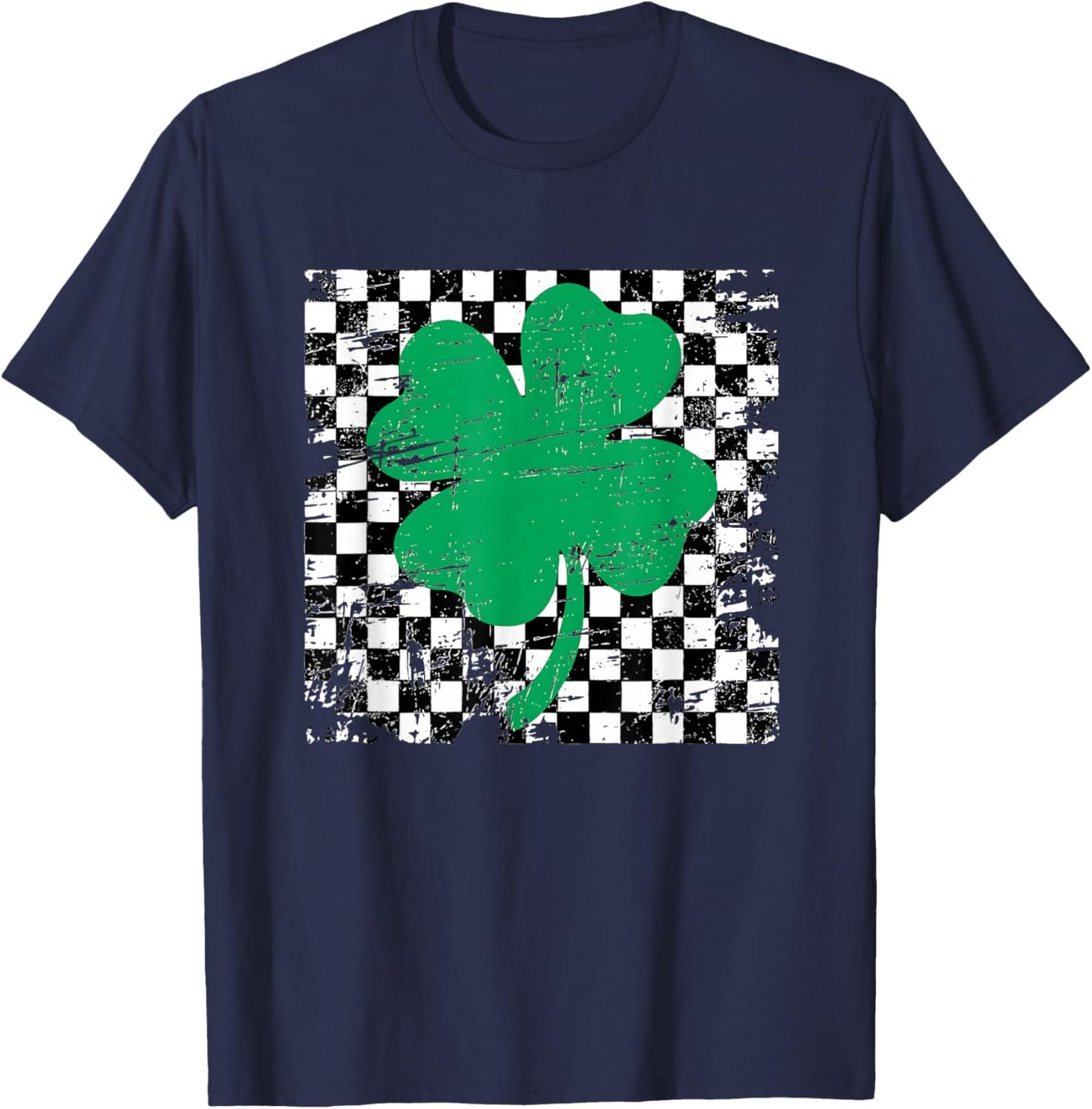 St. Patrick’s Green Clover Checker Design Retro Aesthetic T-Shirt - T-Shirt | Navy