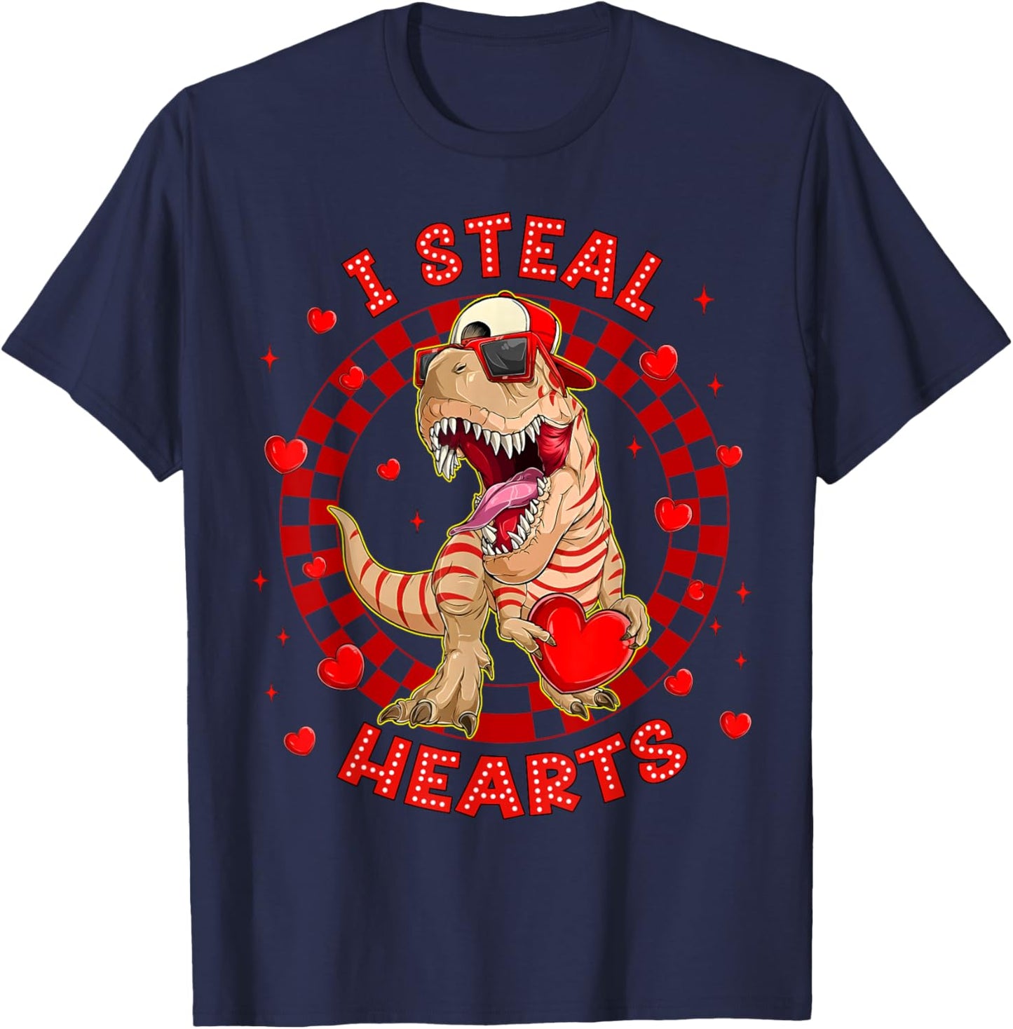 Happy Valentine I Steal Hearts Trex Funny Dinosaur Men Women T-Shirt - T-Shirt | Navy