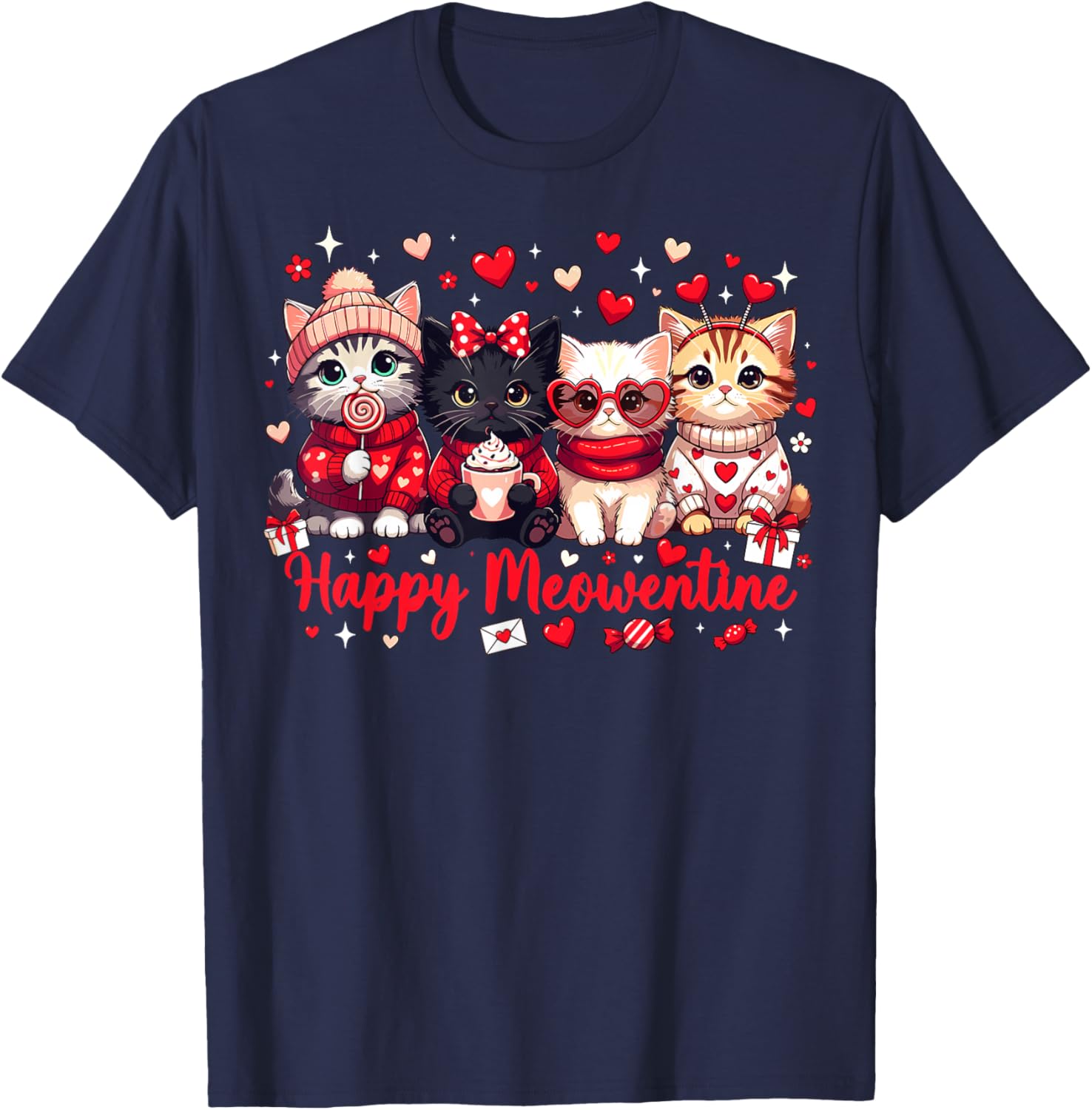 Happy Meowentine Cute Cat Lover Valentine Heart T-Shirt - T-Shirt | Navy