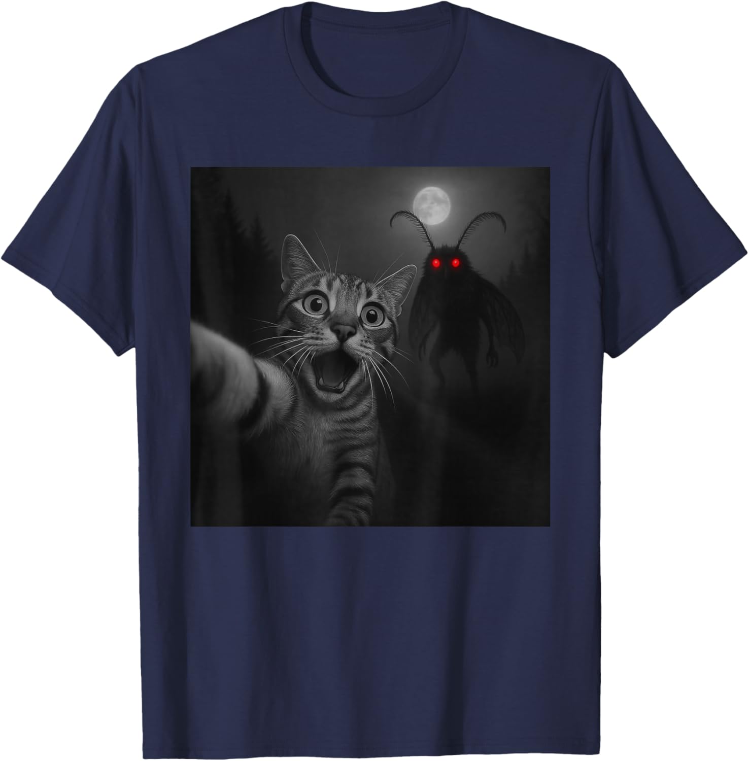 Funny Halloween Surprised Scared Cat Selfie Mothman Cryptid T-Shirt - T-Shirt | Navy