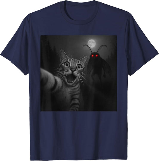 Funny Halloween Surprised Scared Cat Selfie Mothman Cryptid T-Shirt - T-Shirt | Navy