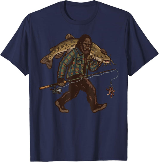 Bigfoot Carrying Flathead Catfish Trophy Fish Funny Fishing T-Shirt - T-Shirt | Navy