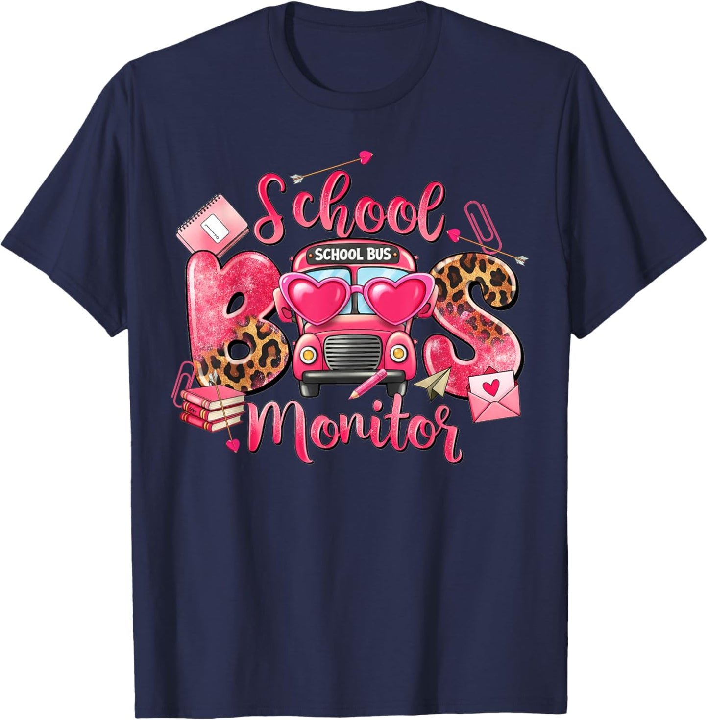 Leopard School Bus Monitor Bus Driver Valentines Student T-Shirt - T-Shirt | Navy
