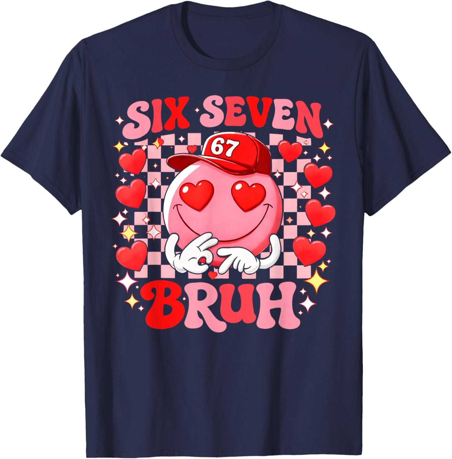 Valentine Groovy Smile Face Six Seven Bruh Heart Sunglasses T-Shirt - T-Shirt | Navy