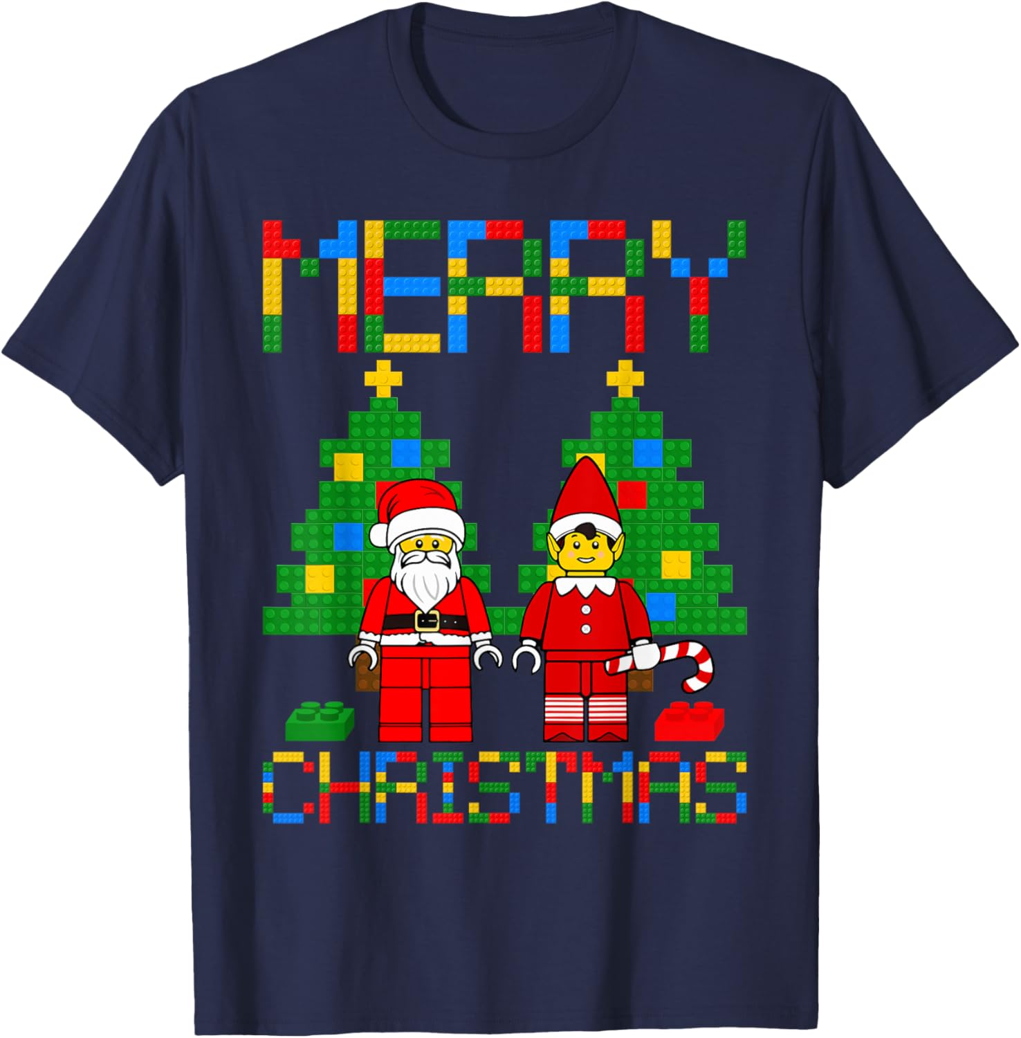 Merry Christmas Blocks Building Christmas Tree & Santa Kids T-Shirt - T-Shirt | Navy