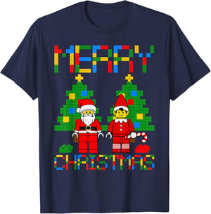 Merry Christmas Blocks Building Christmas Tree & Santa Kids T-Shirt - T-Shirt | Navy