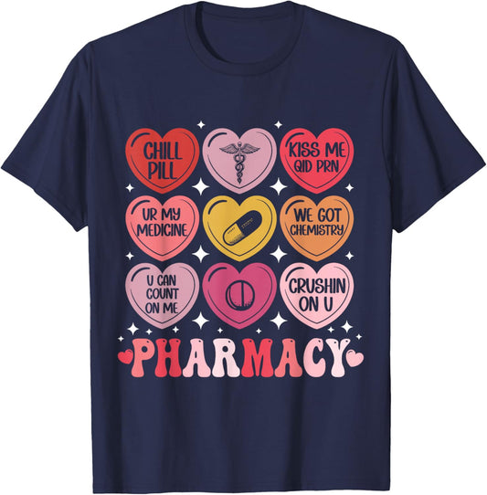 Pharmacy Valentine's Day Pharmacist VDay Pharm Hearts Candy T-Shirt - T-Shirt | Navy