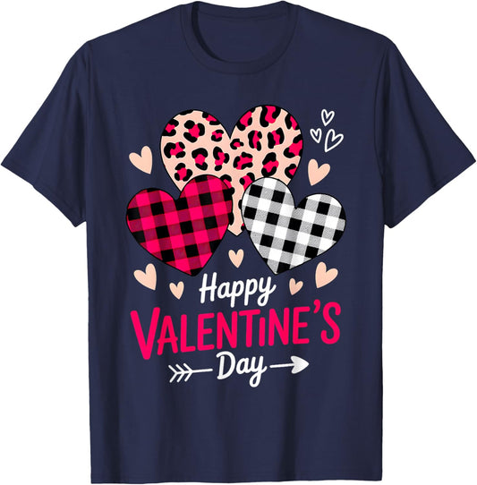 Happy Valentine's Leopard and Plaid Hearts for Girls Women T-Shirt - T-Shirt | Navy