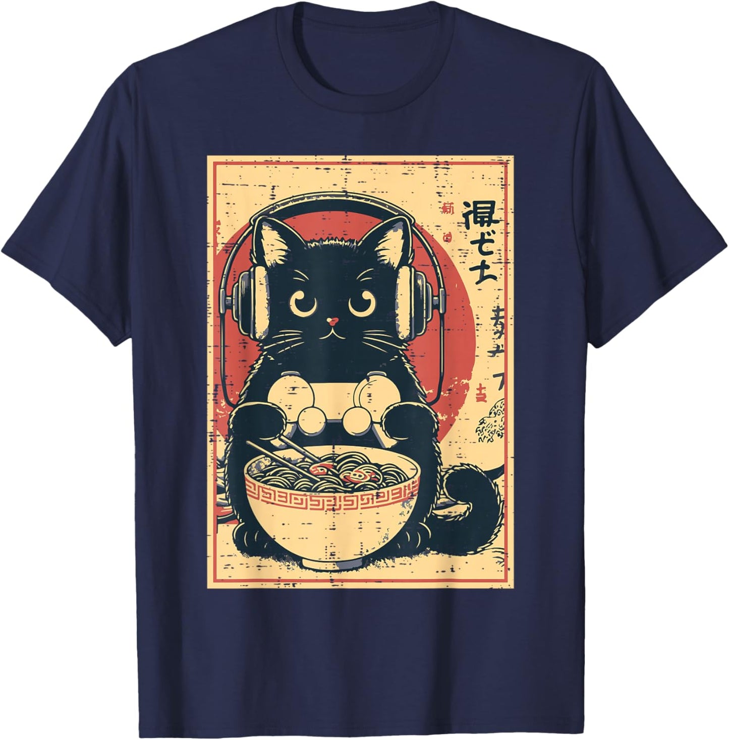 Japanese Cat Gamer Controller Ramen Gaming Art Men Boys Kids T-Shirt - T-Shirt | Navy