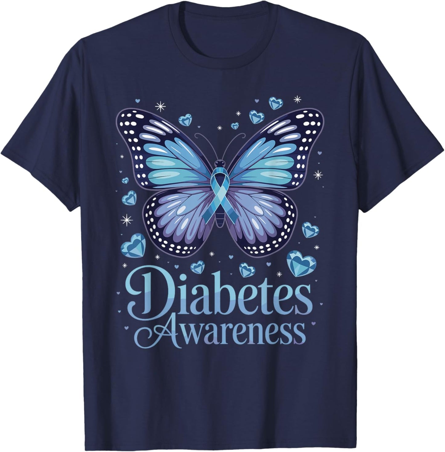 Diabetes Awareness Butterfly Blue Ribbon T1D T-Shirt - T-Shirt | Navy