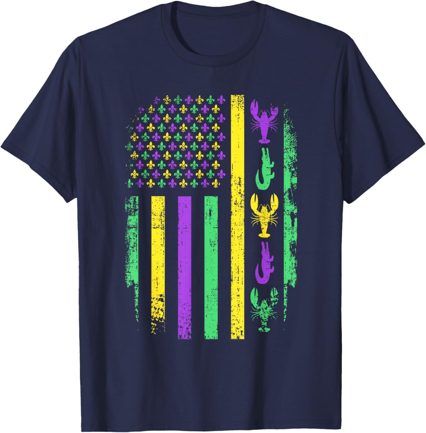 Carnival Mardi Gras American Flag Crawfish Alligator Parade T-Shirt - T-Shirt | Navy
