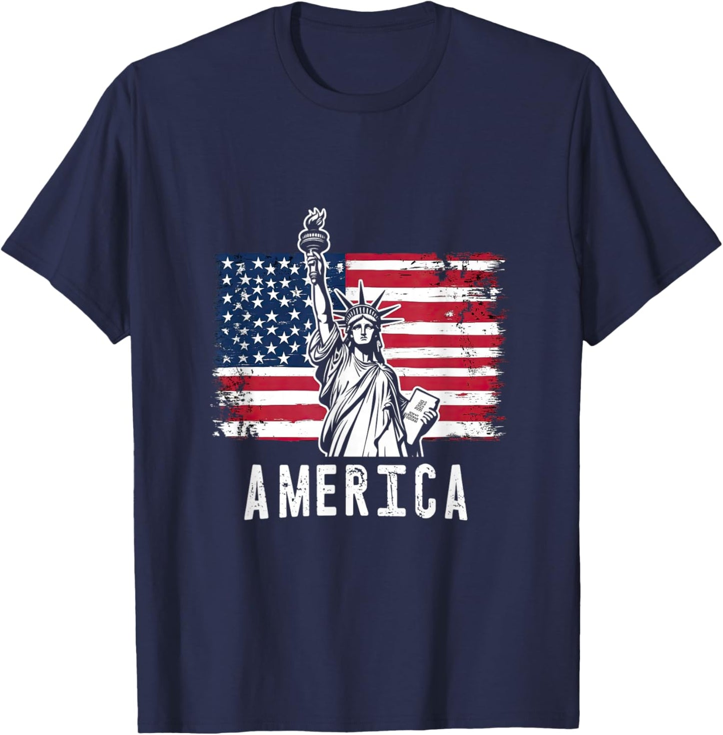 America Flag with Statue of Liberty Vintage Art T-Shirt - T-Shirt | Navy
