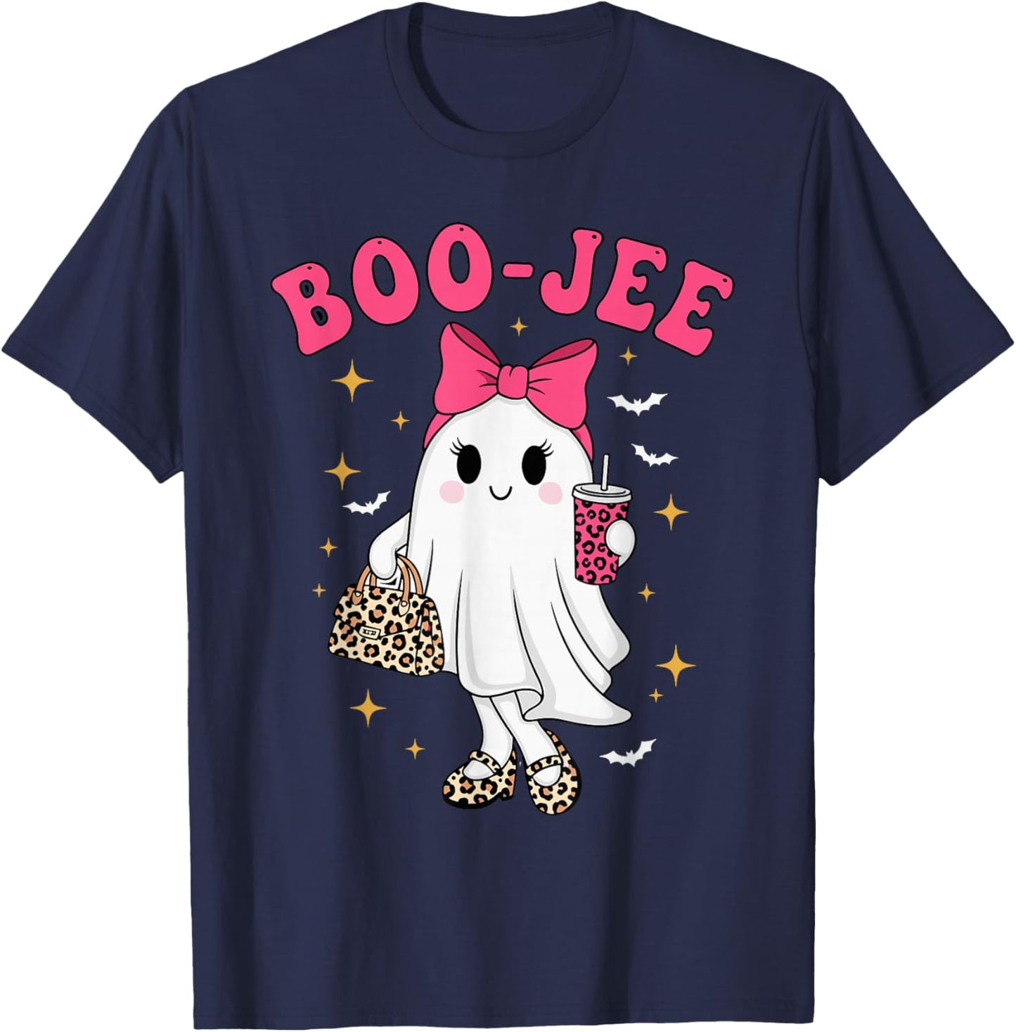Coquette Leopard Ghost Coffee Boo-JEE Halloween T-Shirt - T-Shirt | Navy