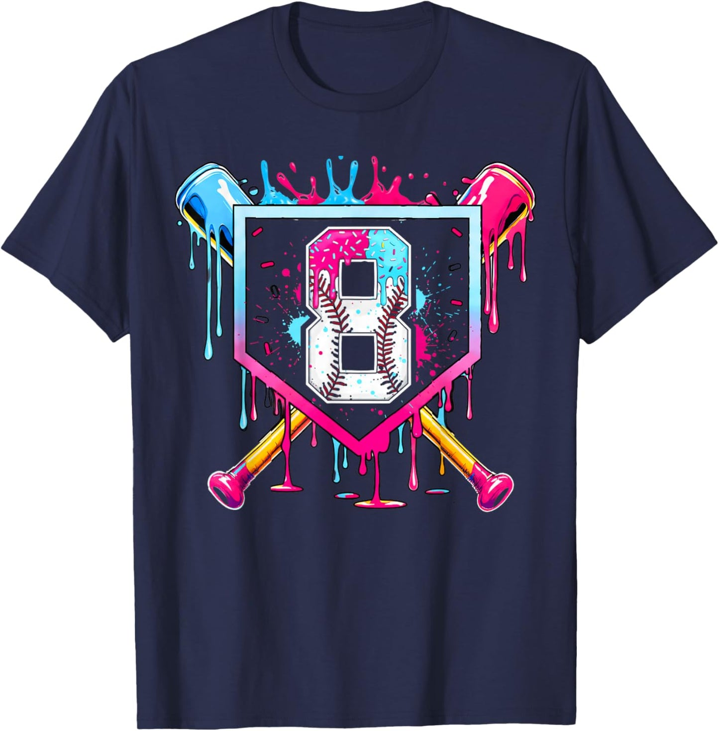 8th Birthday Boys Baseball Ice Cream Drip Boys Baseball T-Shirt - T-Shirt | Navy