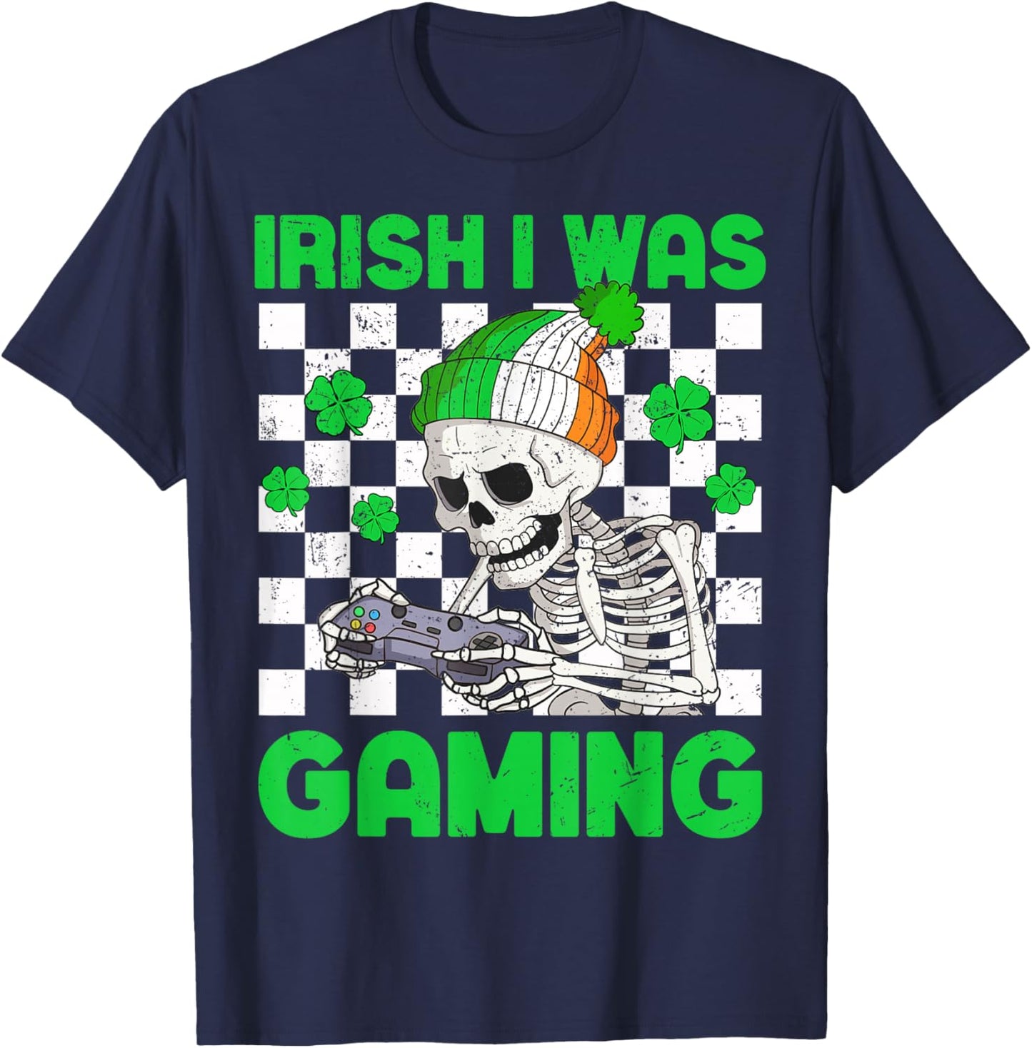 Irish I was Gaming Boys St Patricks Day Skeleton Gamer T-Shirt - T-Shirt | Navy