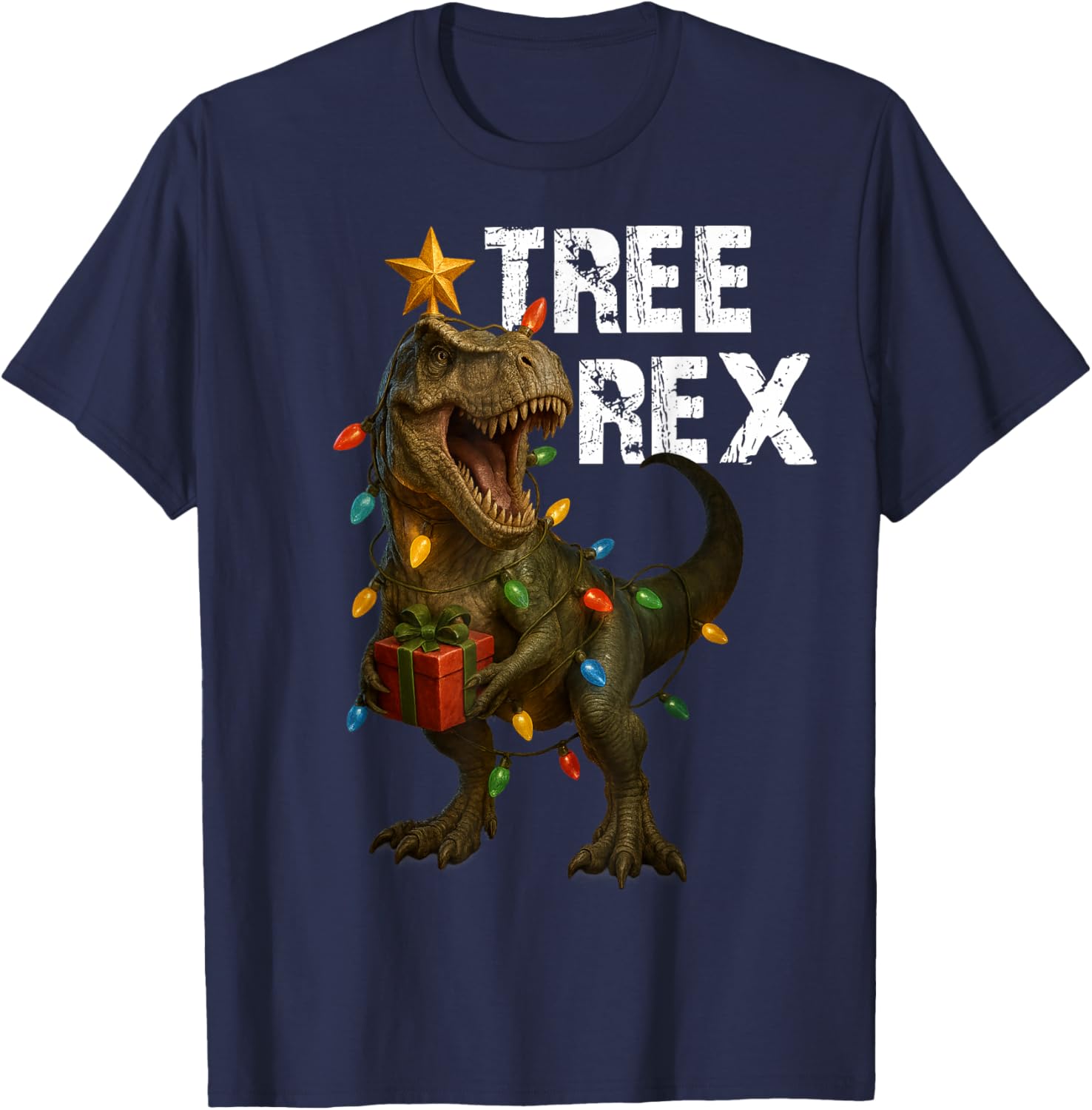 Funny Tree Rex Dinosaur Christmas Xmas Lights T-Shirt - T-Shirt | Navy