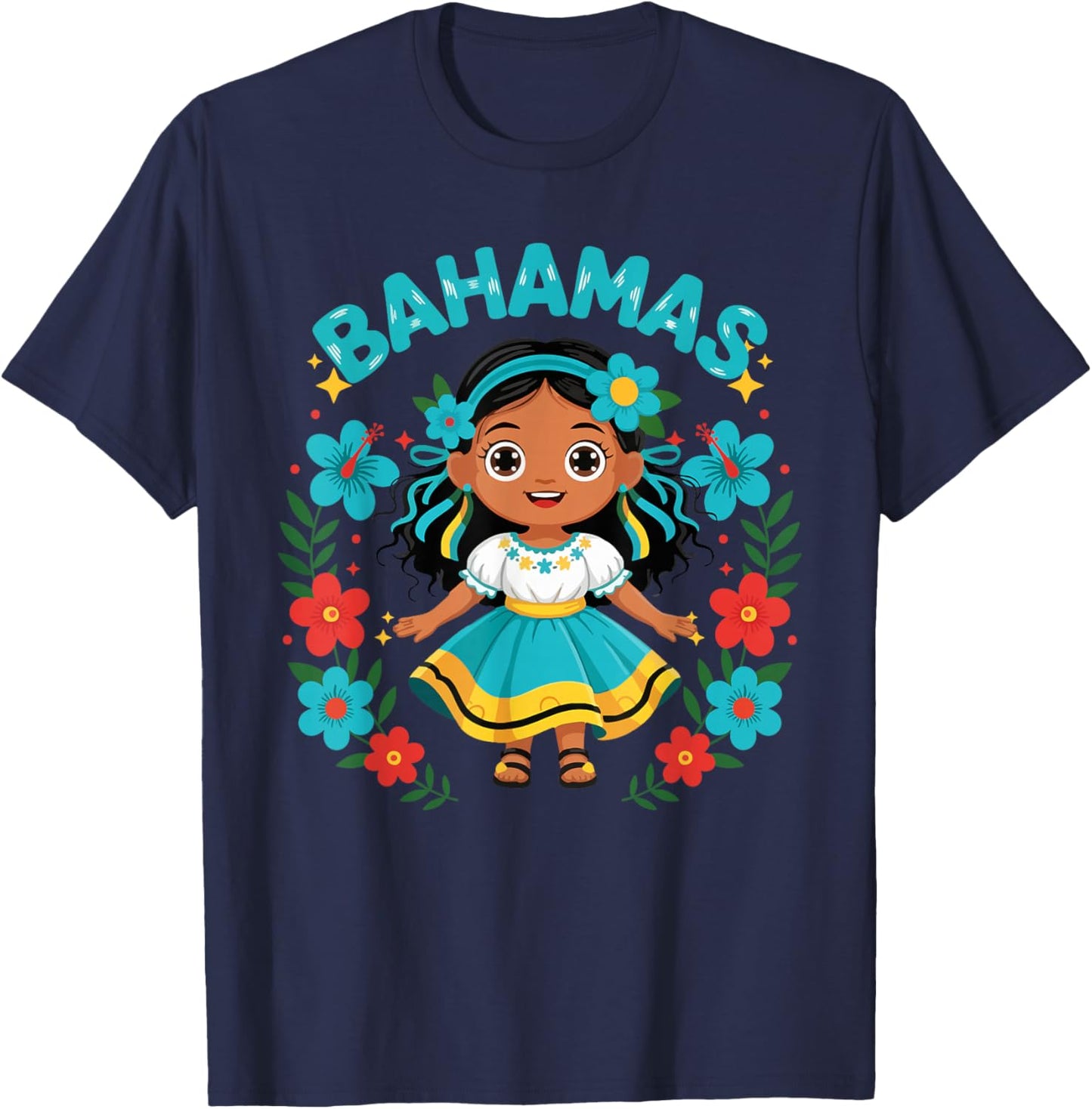 Bahamas Bahamian Girl Traditional Dress Flowers T-Shirt - T-Shirt | Navy