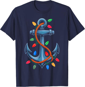 Anchor Boating Sailing Xmas Lights Funny Christmas Cruise T-Shirt - T-Shirt | Navy