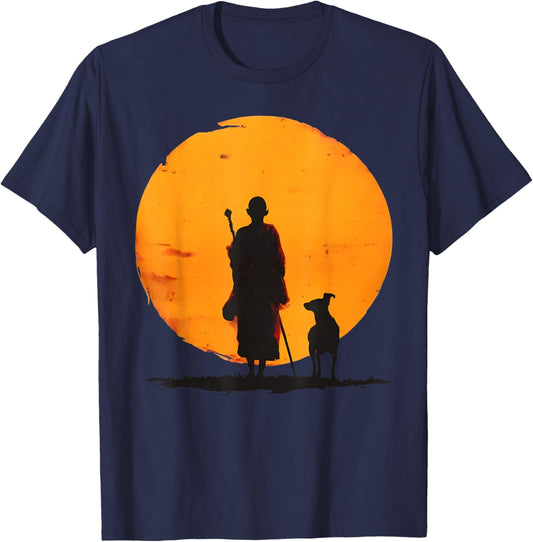 Peace Walking Monks and Dog Minimalist Zen Art T-Shirt - T-Shirt | Navy
