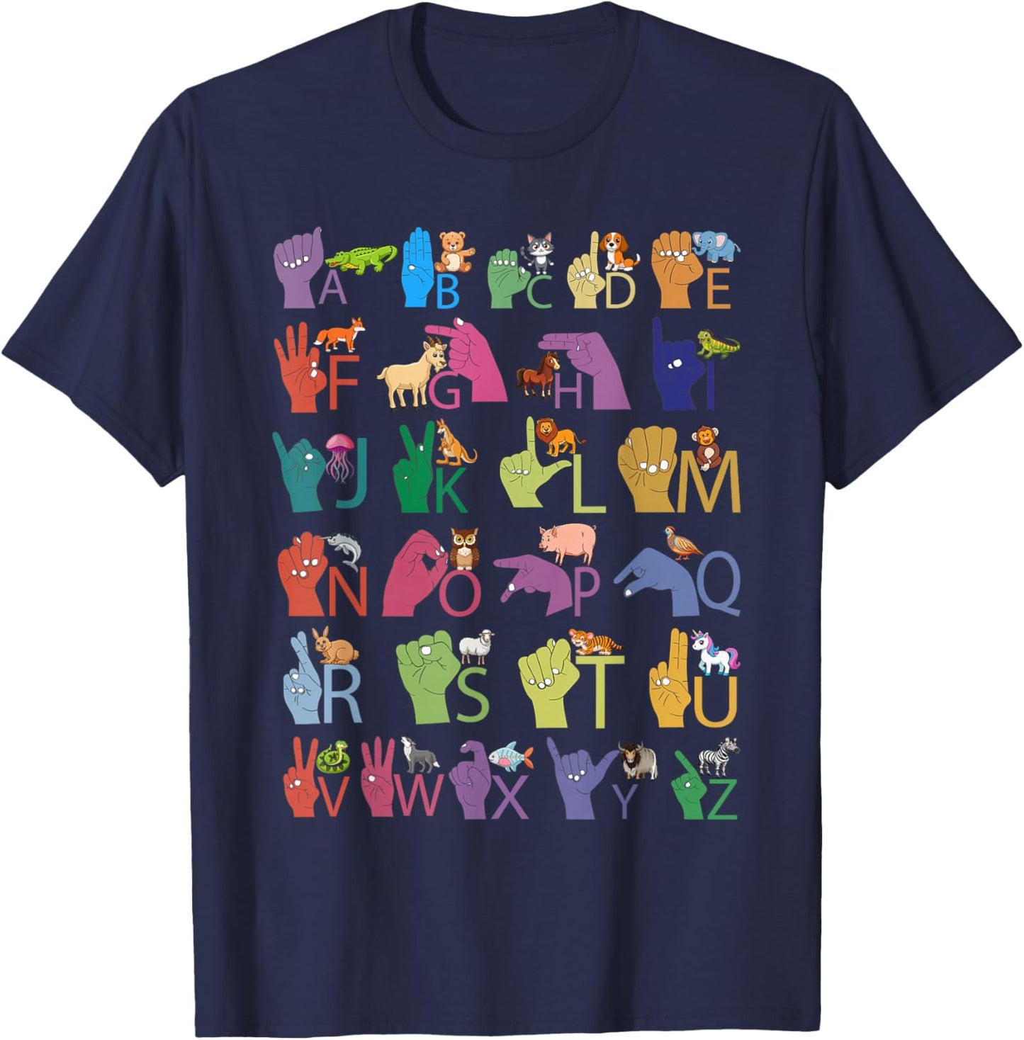 Colorful ASL Alphabet Animals Letters and Signs for Kids T-Shirt - T-Shirt | Navy