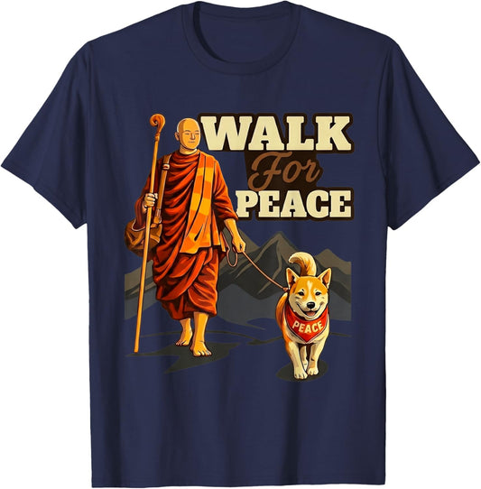 Walk for Peace Buddhist Monk and Shiba Inu Dog Illustration T-Shirt - T-Shirt | Navy