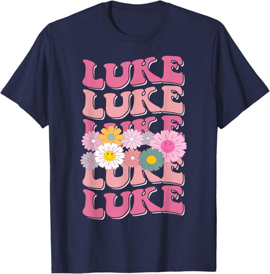 Girl Retro Luke First Name Personalized Groovy 80's T-Shirt - T-Shirt | Navy