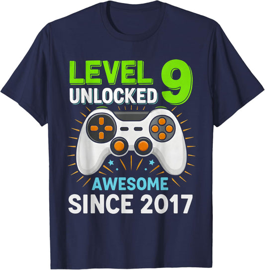 Level 9 Unlocked Awesome Since 2017 Gaming Birthday 9th Boys T-Shirt - T-Shirt | Navy