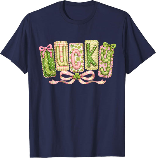 Lucky Coquette St Patricks Day Pink Bow Patchwork Applique T-Shirt - T-Shirt | Navy