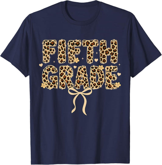Fifth Grade Leopard Coquette Bow Back to School Women Girls T-Shirt - T-Shirt | Navy