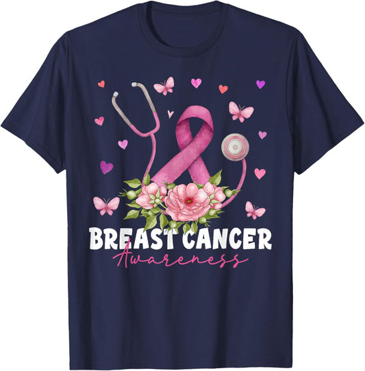 Breast Cancer Awareness Pink Stethoscope Nurse Medical Women T-Shirt - T-Shirt | Navy