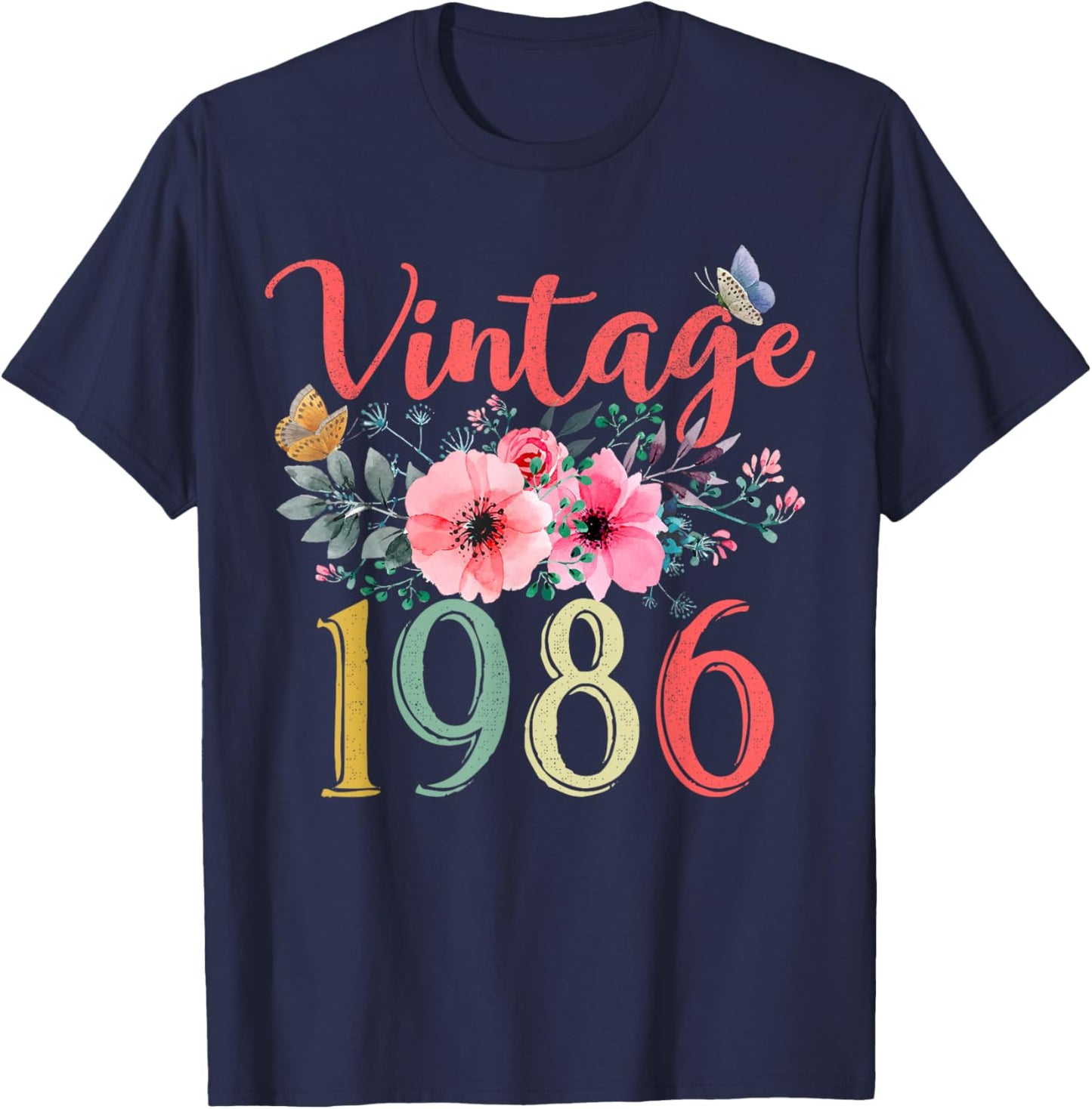 Vintage 1986 Floral Hippie Groovy Wildflower 40th Birthday T-Shirt - T-Shirt | Navy