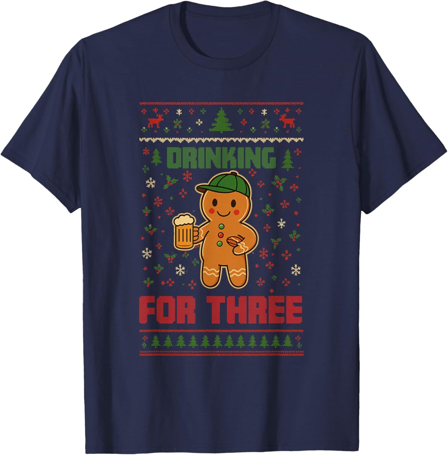 Drinking for Three Pregnancy Announcement Ugly Sweater Xmas T-Shirt - T-Shirt | Navy